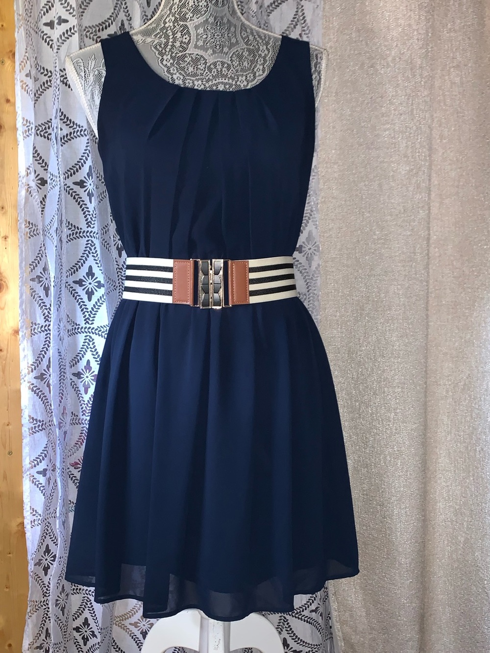 BCX Navy Sleeveless Mini Dress with Striped Waist Belt